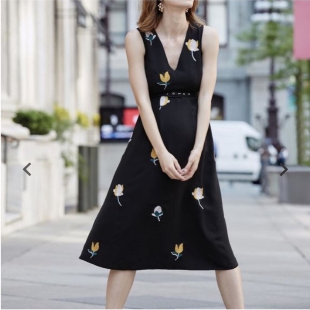 A Pea in the Pod Black Midi Dress with Yellow & White Floral Accents